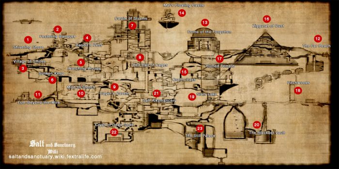 Here is a mildly spoilery map of the Salt and Sanctuary island.